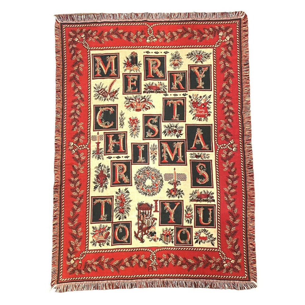 Christmas Tapestry Throw Blanket Goodwin Weavers 70x47 Fringe Red Green USA Made